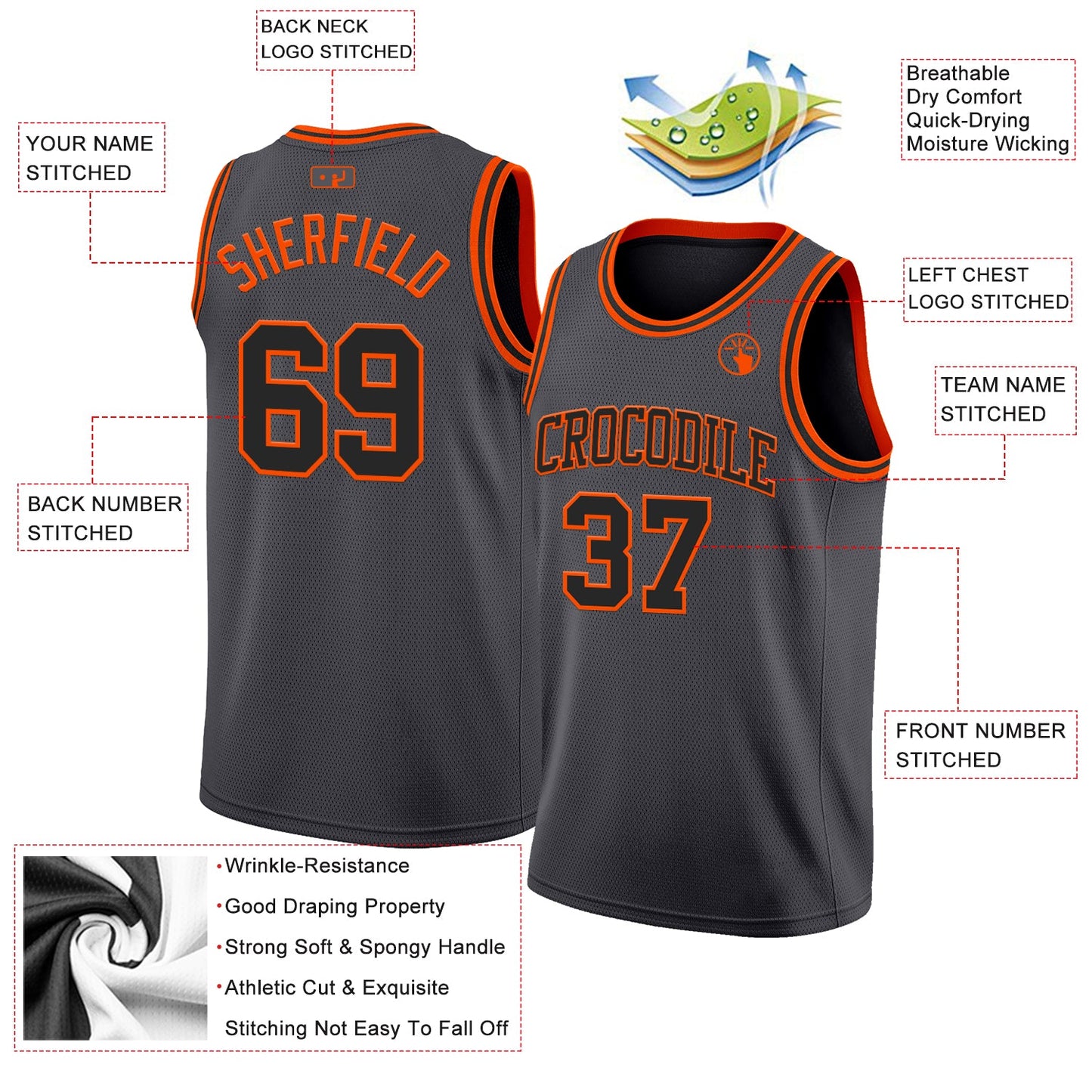 Custom Steel Gray Black-Orange Authentic Basketball Jersey view 2