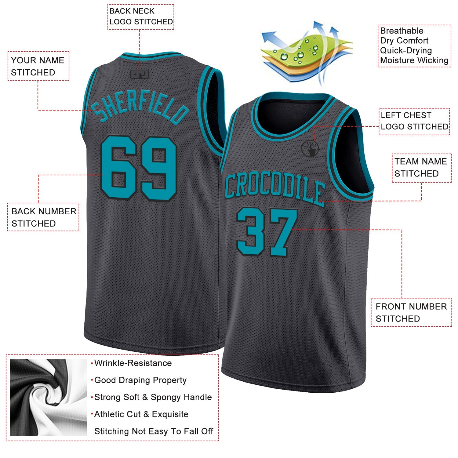 Custom Steel Gray Teal-Black Authentic Basketball Jersey view 2