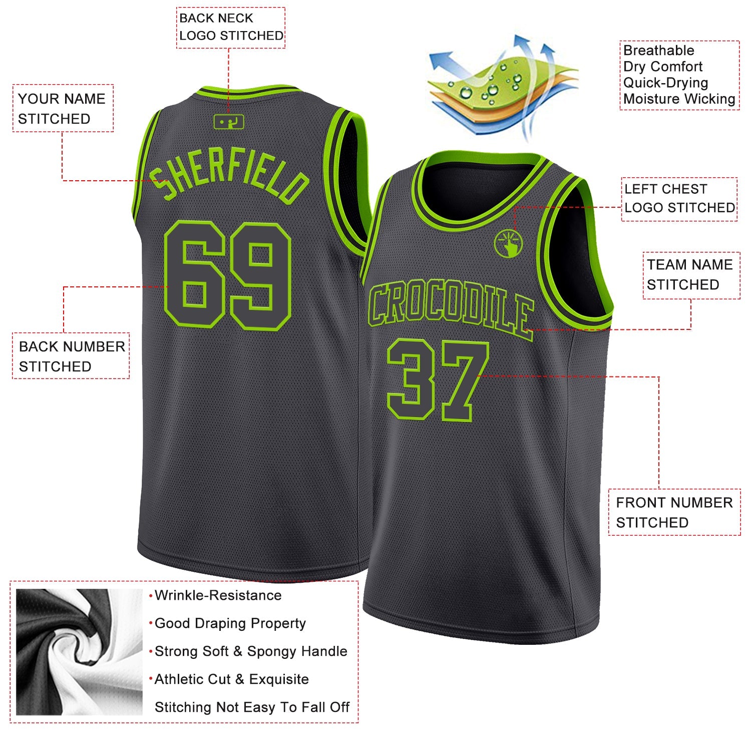 Custom Steel Gray Neon Green Authentic Basketball Jersey view 2