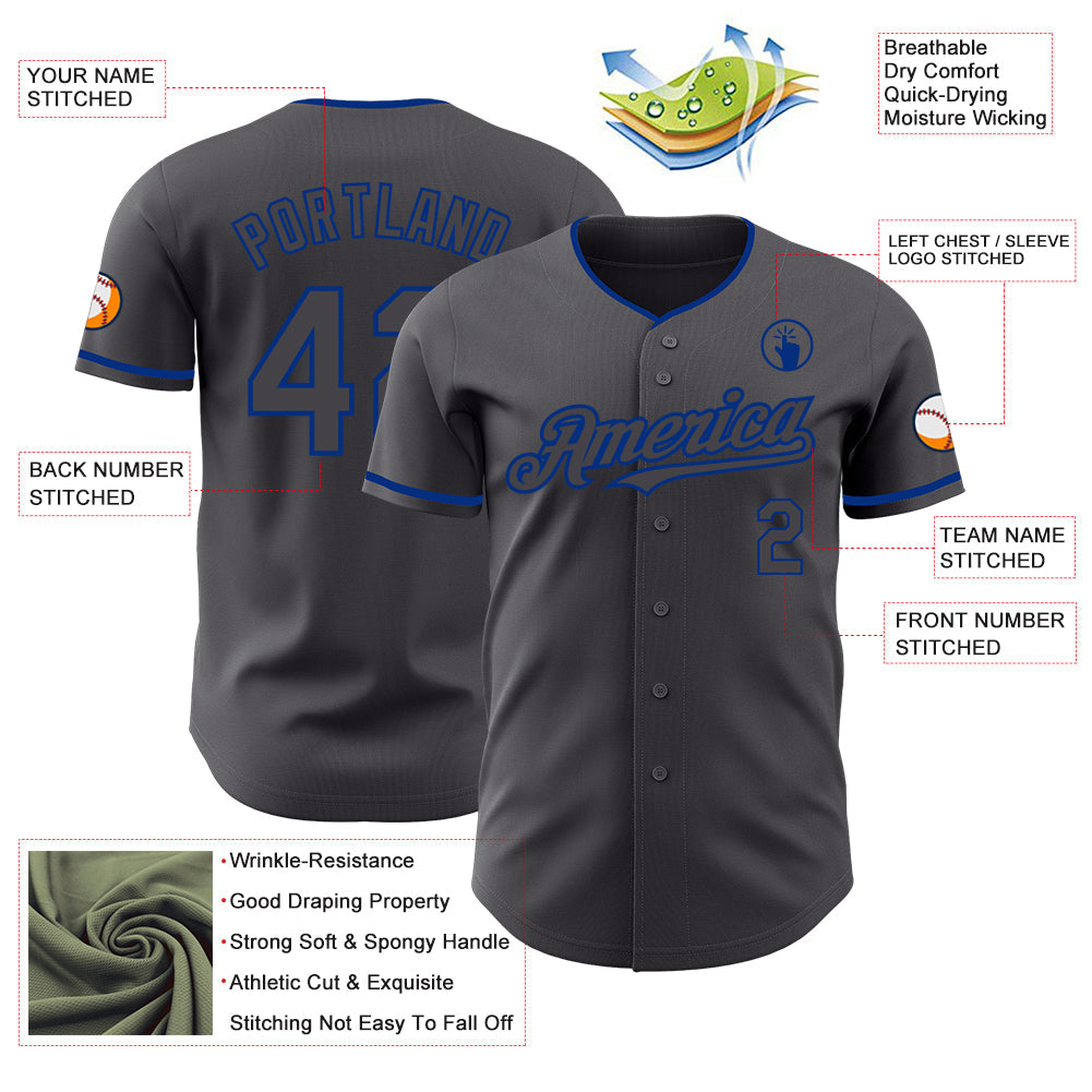 Custom Steel Gray Royal Authentic Baseball Jersey view 3