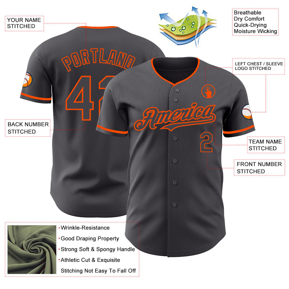 Custom Steel Gray Orange Authentic Baseball Jersey view 3