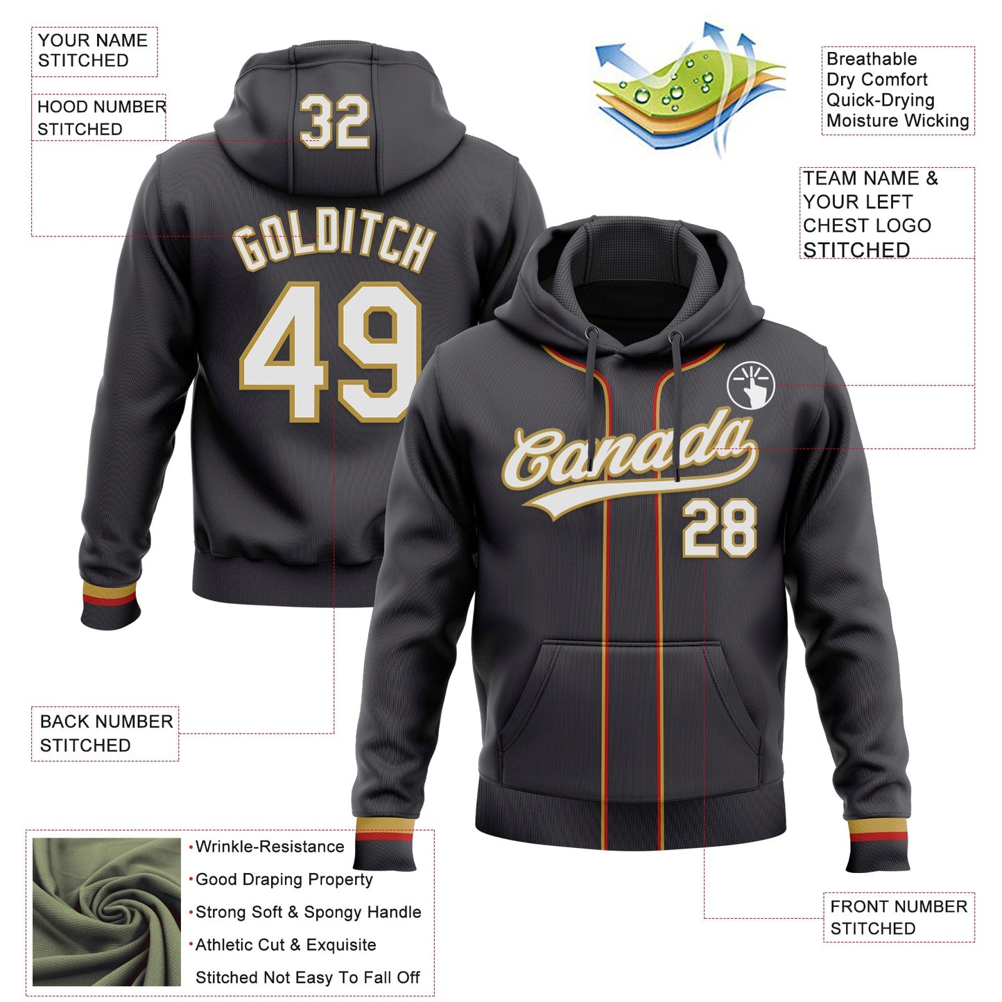 Custom Stitched Steel Gray White-Old Gold Baseball Pullover Sweatshirt Hoodie view 2