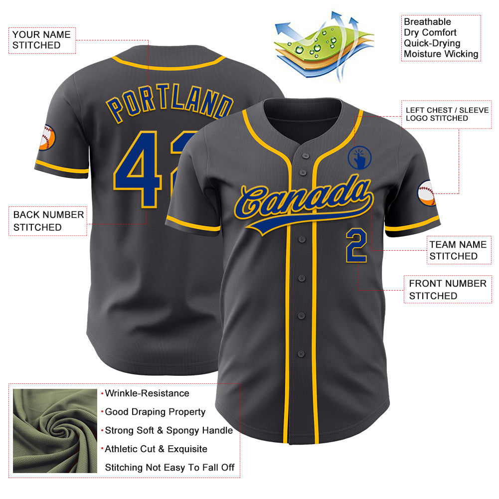 Custom Steel Gray Royal-Gold Authentic Baseball Jersey view 3