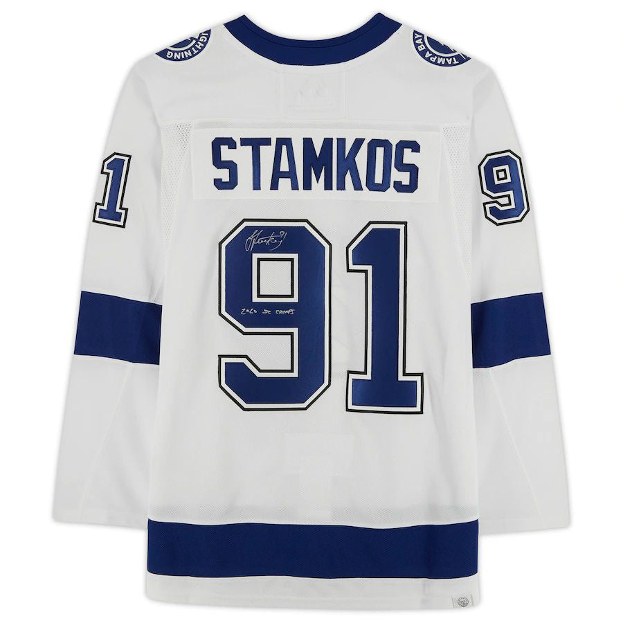 TB.Lightning #91 Steven Stamkos Fanatics Authentic Autographed with Stanley Cup Final Patch and 2020 SC Champs Inscription White Stitched American Hockey Jerseys - Main View
