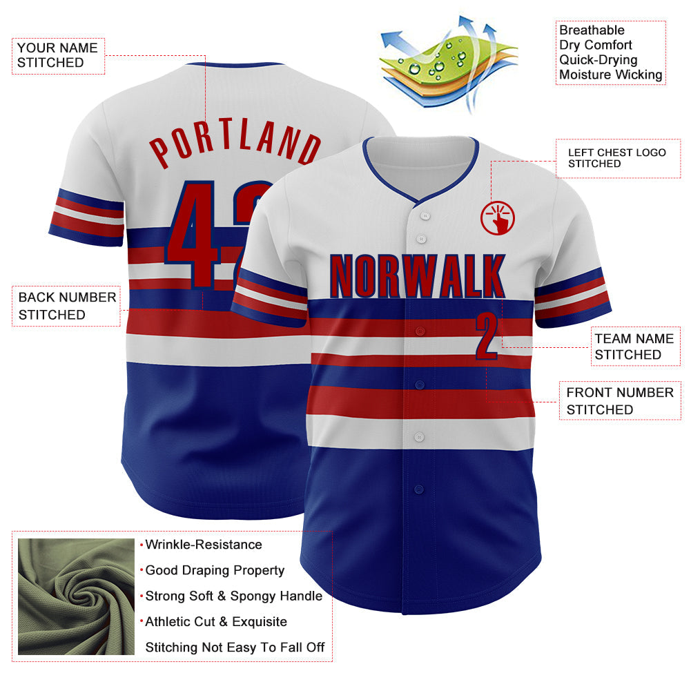 Custom White Red-Royal Block Stripes Lines Texas Style Authentic Baseball Jersey view 4
