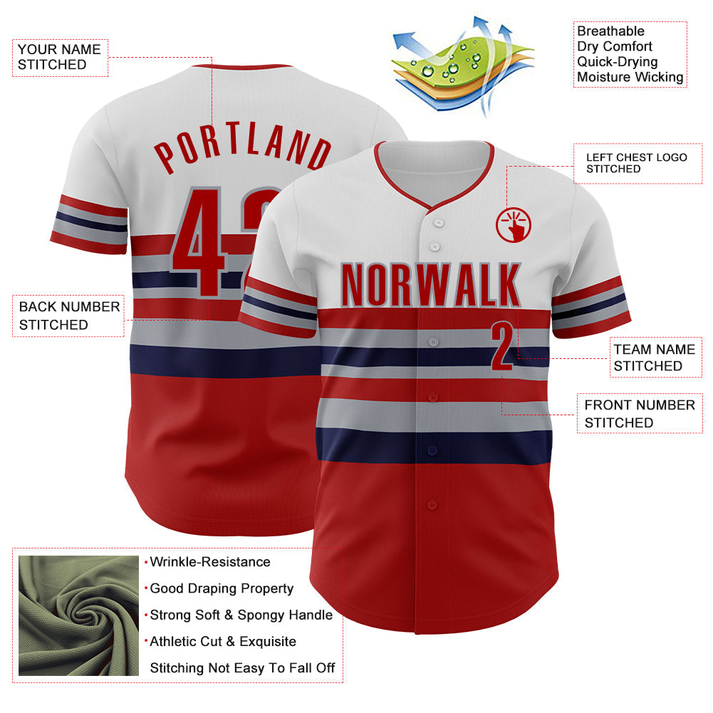 Custom White Red Navy-Gray Block Stripes Lines Los Angeles Style Authentic Baseball Jersey view 4