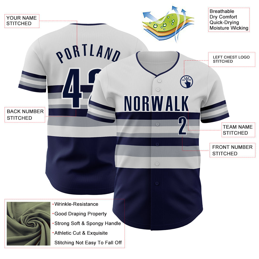 Custom White Navy-Gray Block Stripes Lines New York Style Authentic Baseball Jersey view 4
