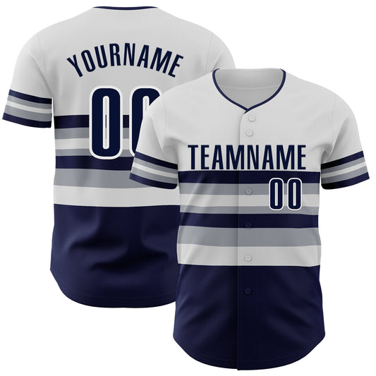 Custom White Navy-Gray Block Stripes Lines New York Style Authentic Baseball Jersey - Main View