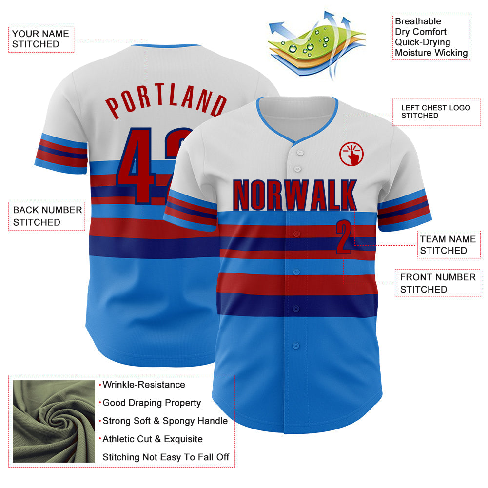 Custom White Red Electric Blue-Royal Block Stripes Lines Atlanta Style Authentic Baseball Jersey view 4