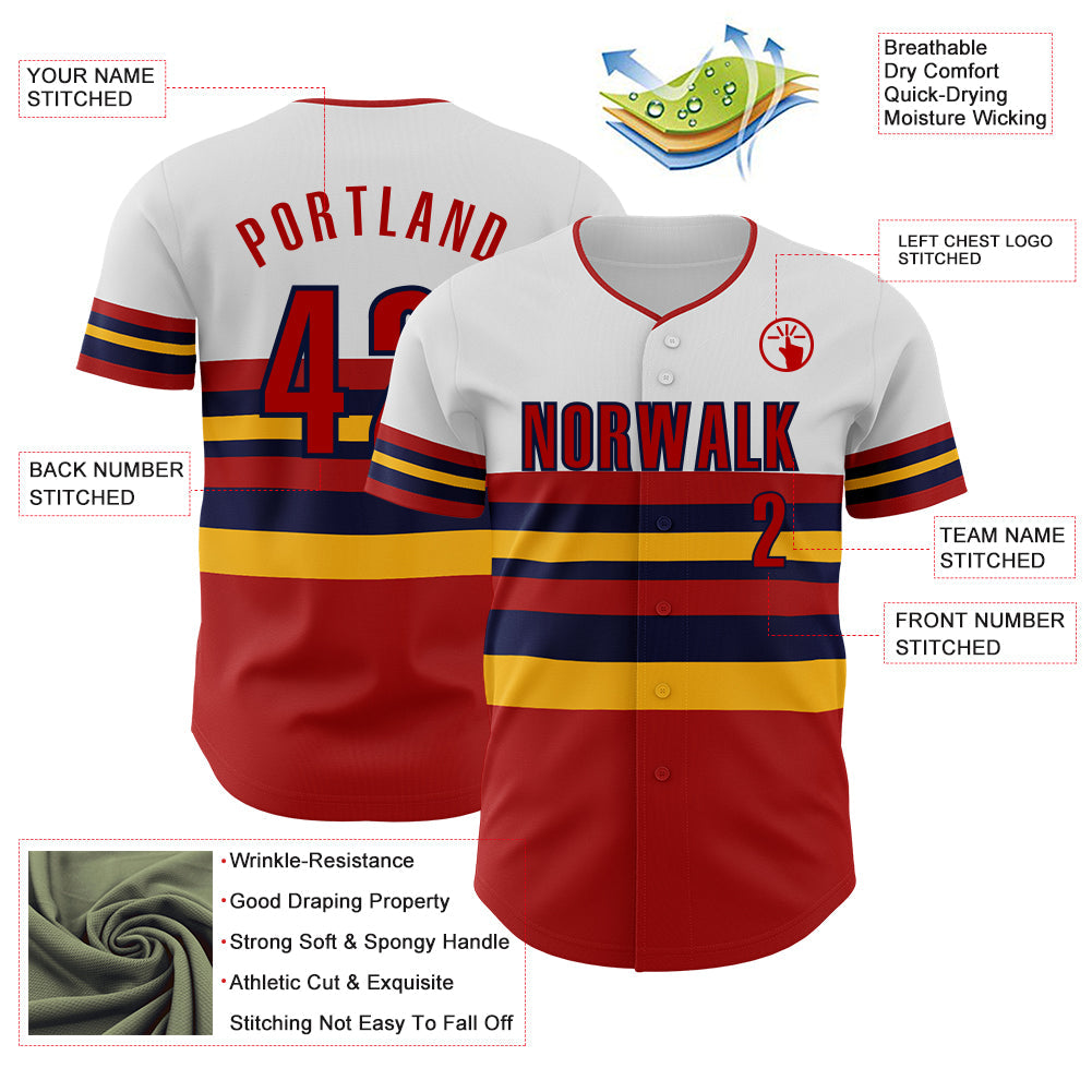 Custom White Red Gold-Navy Block Stripes Lines St.Louis Style Authentic Baseball Jersey view 4