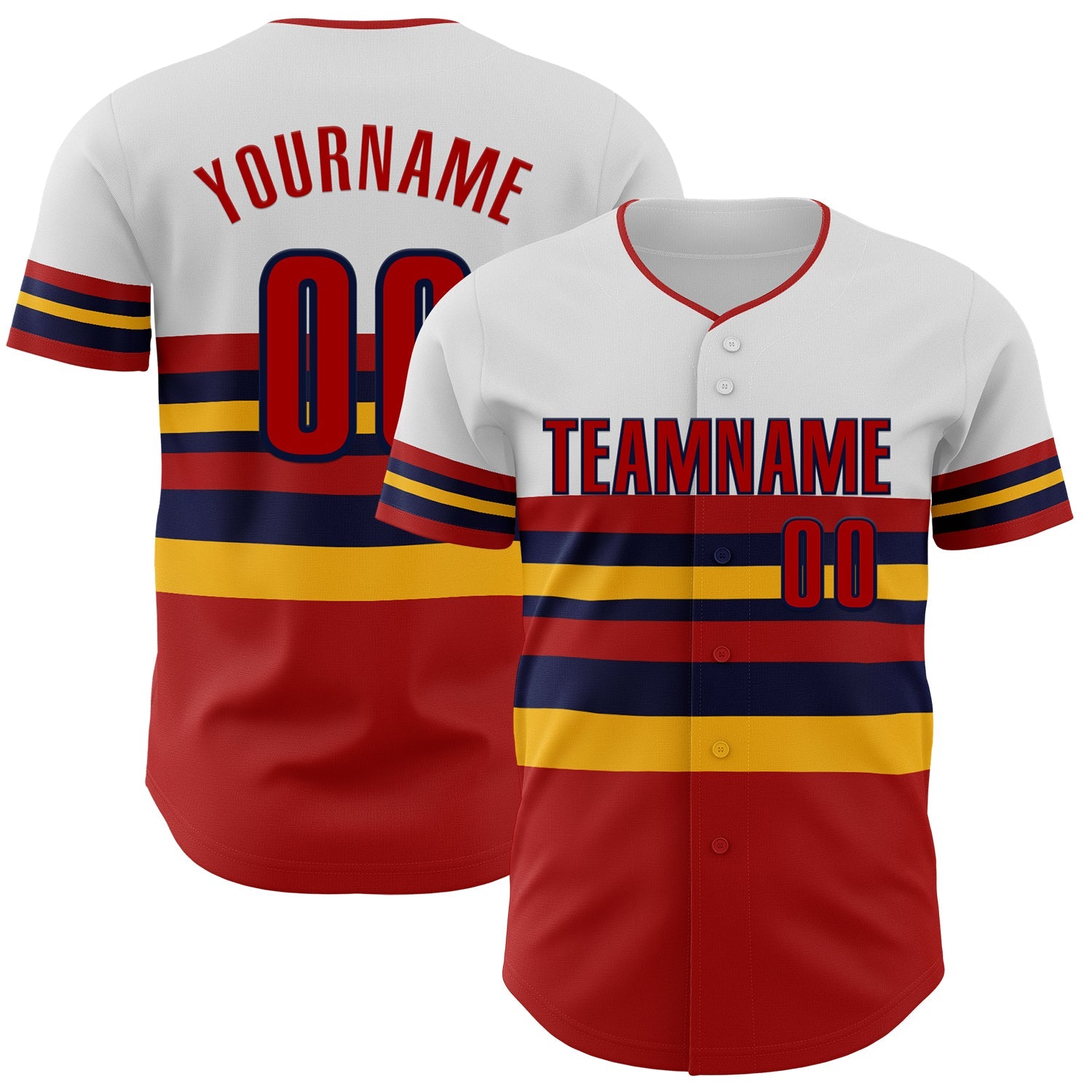 Custom White Red Gold-Navy Block Stripes Lines St.Louis Style Authentic Baseball Jersey - Main View
