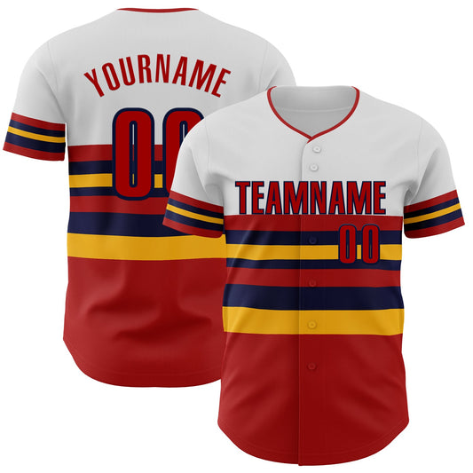 Custom White Red Gold-Navy Block Stripes Lines St.Louis Style Authentic Baseball Jersey - Main View