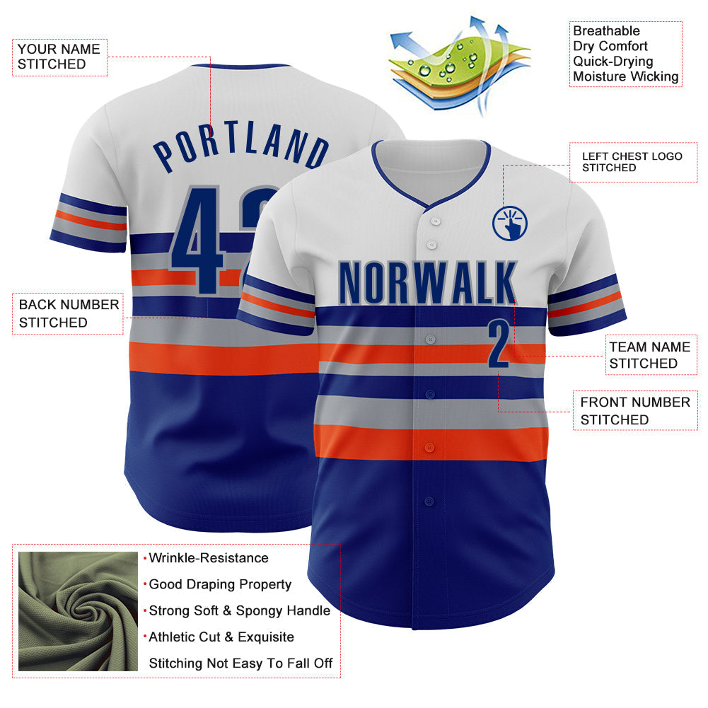 Custom White Royal Orange-Gray Block Stripes Lines New York Style Authentic Baseball Jersey view 4