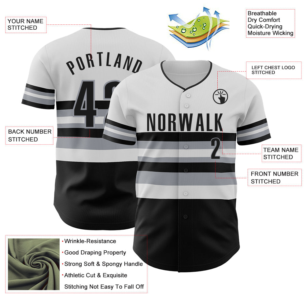 Custom White Black-Gray Block Stripes Lines Chicago Style Authentic Baseball Jersey view 4