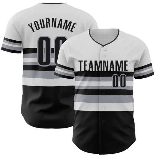 Custom White Black-Gray Block Stripes Lines Chicago Style Authentic Baseball Jersey - Main View