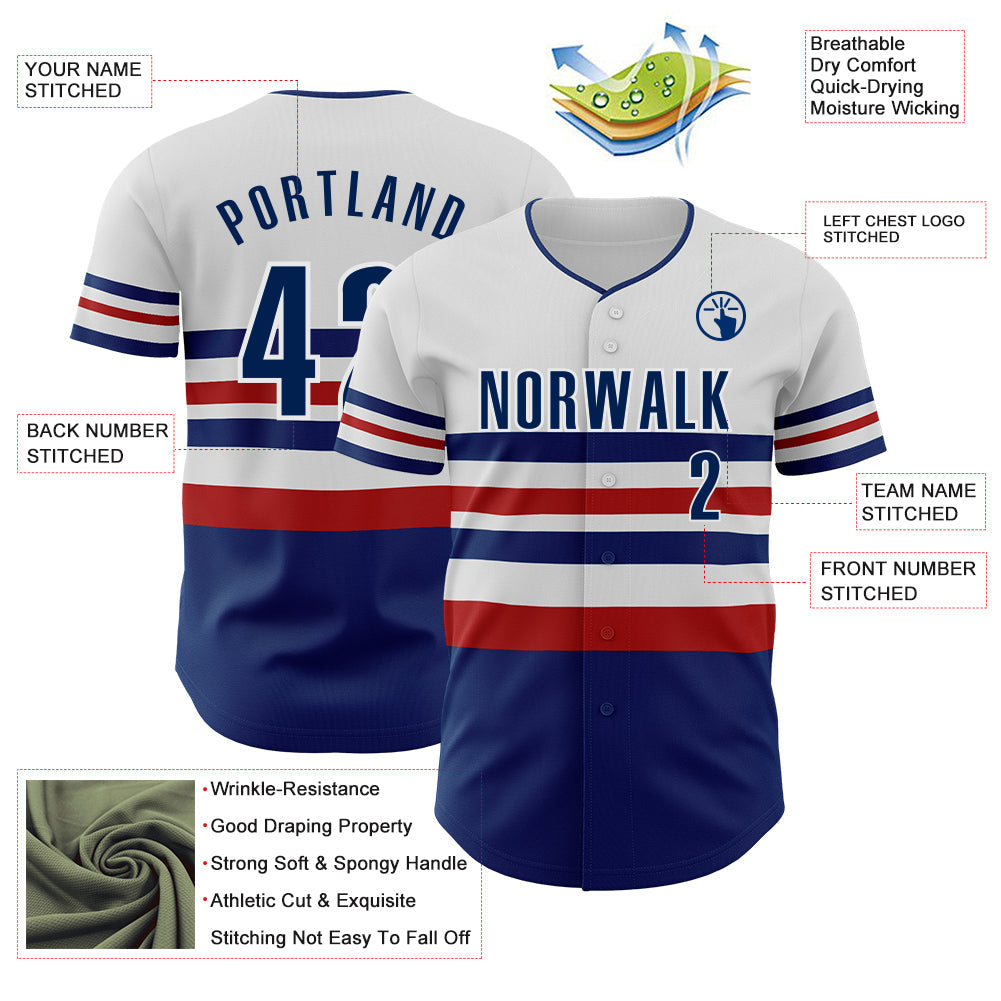 Custom White US Navy Blue-Red Block Stripes Lines Philadelphia Style Authentic Baseball Jersey view 4
