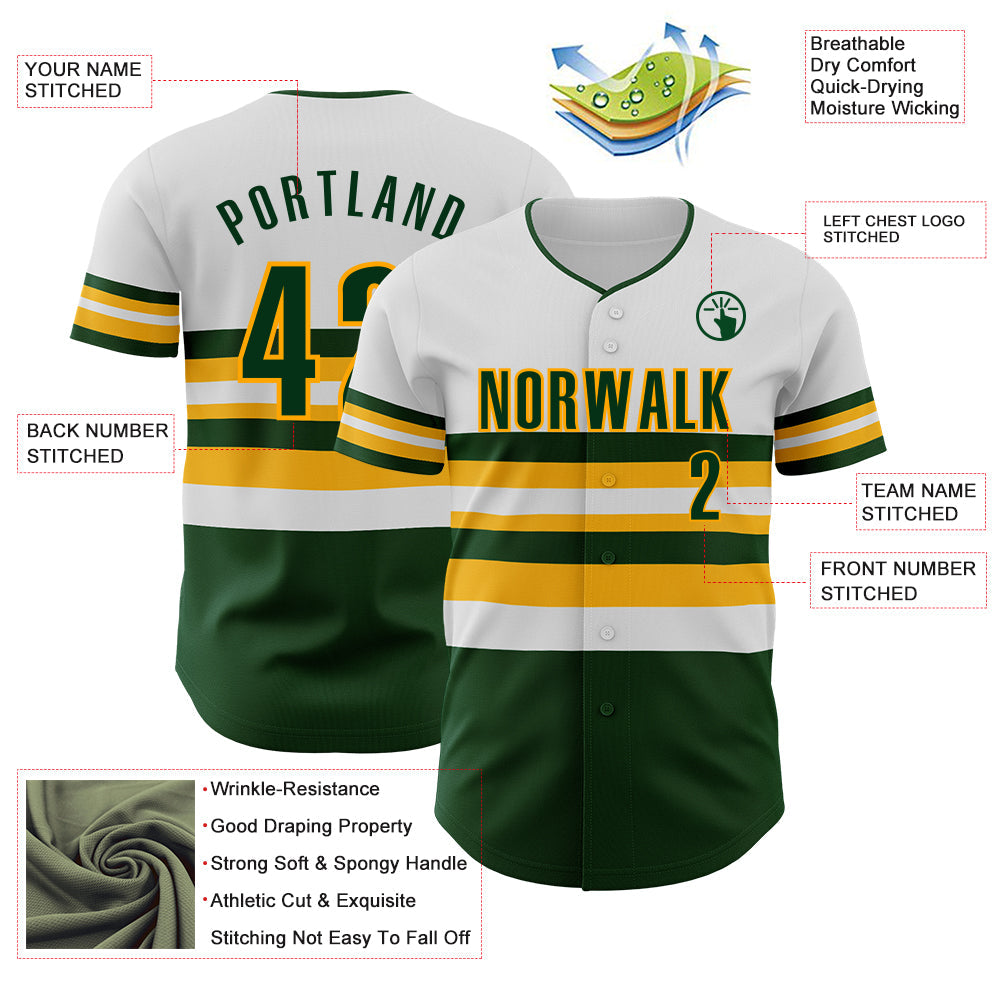 Custom White Green-Gold Block Stripes Lines Oakland Style Authentic Baseball Jersey view 4