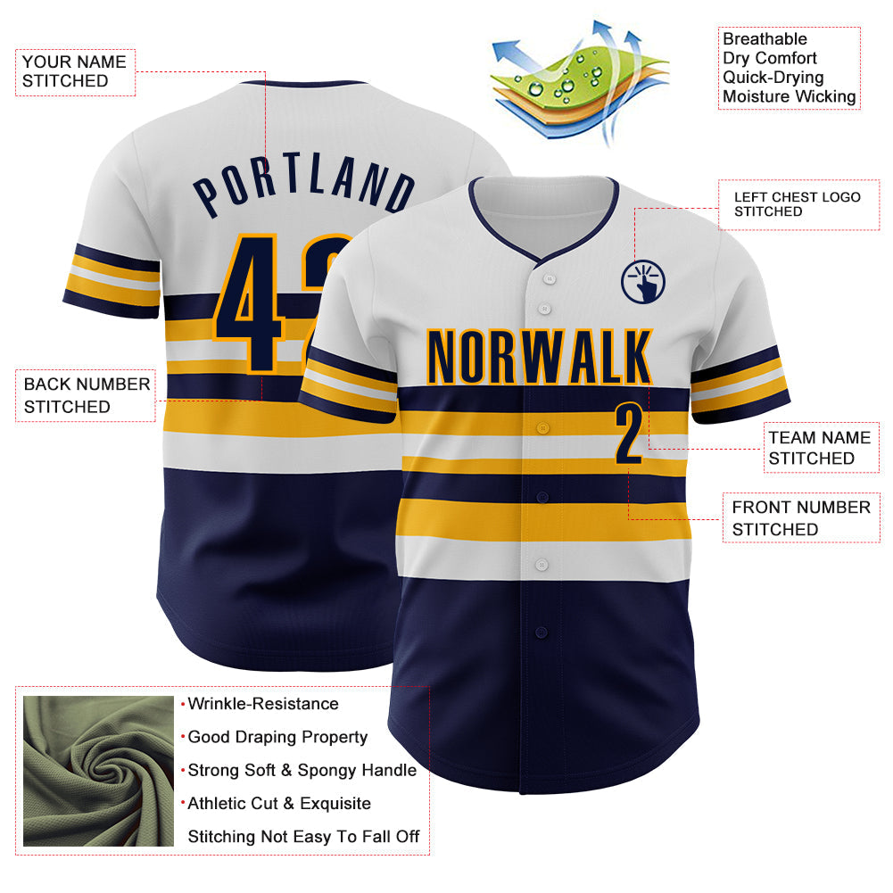 Custom White Navy-Gold Block Stripes Lines Milwaukee Style Authentic Baseball Jersey view 4