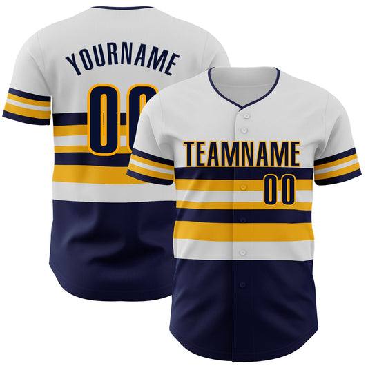 Custom White Navy-Gold Block Stripes Lines Milwaukee Style Authentic Baseball Jersey - Main View