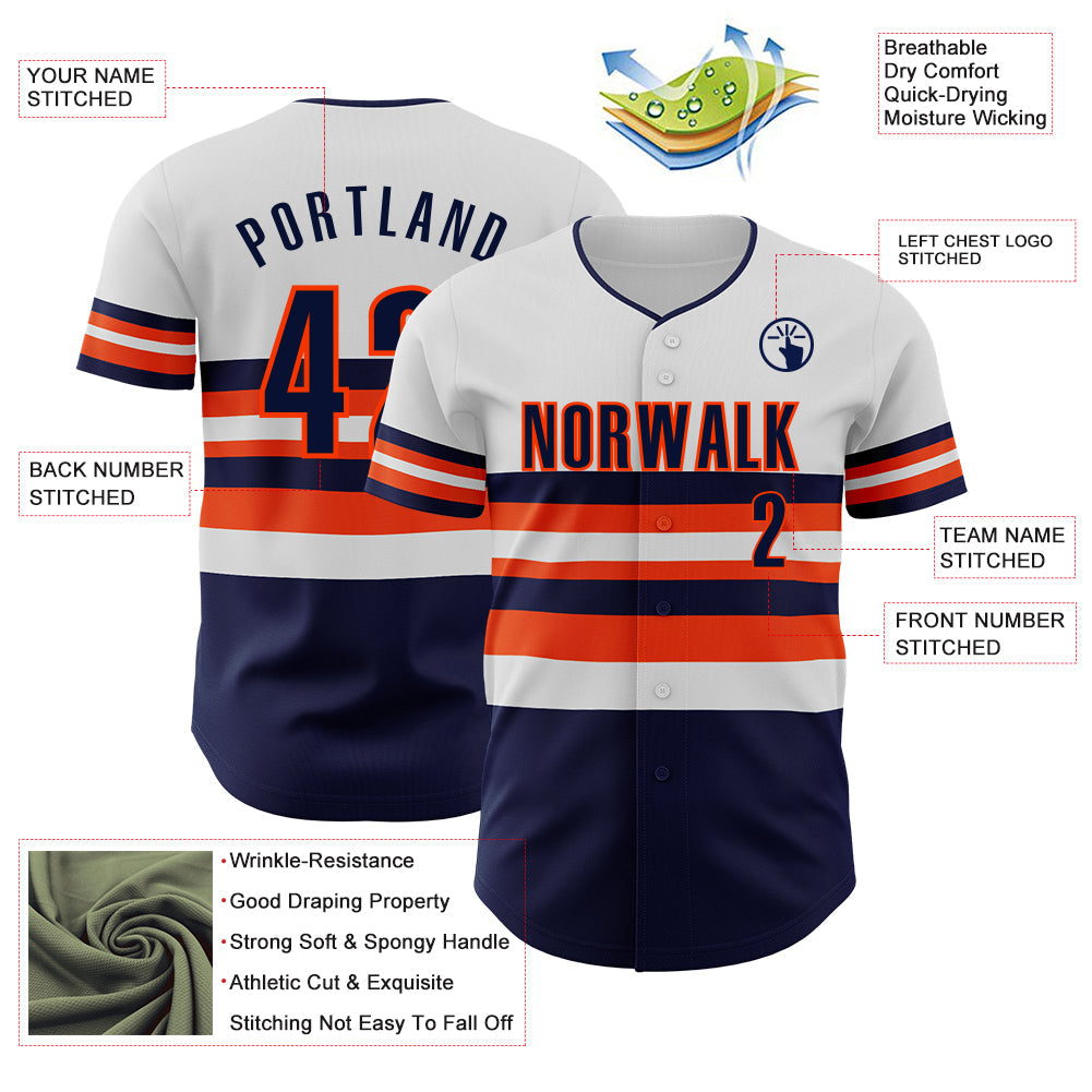Custom White Navy-Orange Block Stripes Lines Houston Style Authentic Baseball Jersey view 4