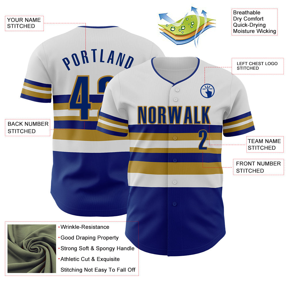 Custom White Royal-Old Gold Block Stripes Lines Kansas City Style Authentic Baseball Jersey view 4
