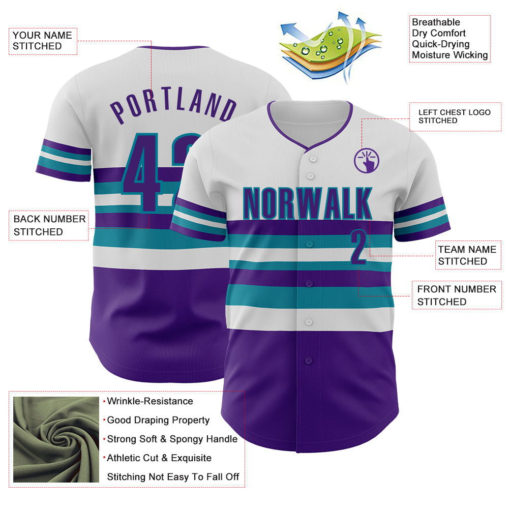 Custom White Purple-Teal Block Stripes Lines Charlotte Style Authentic Baseball Jersey view 4