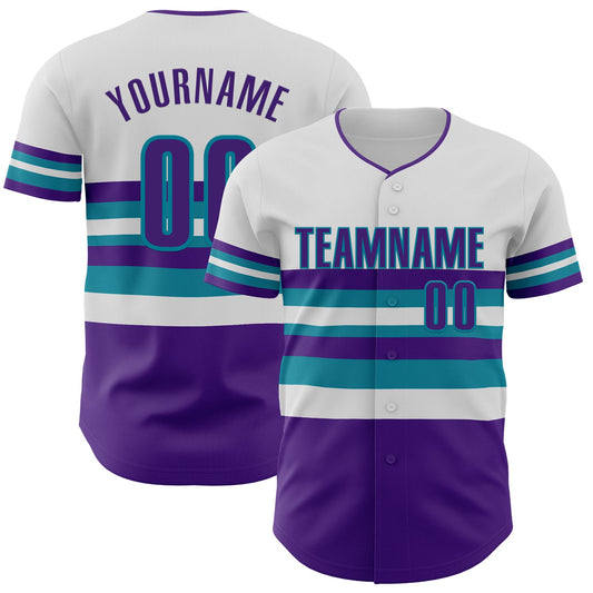 Custom White Purple-Teal Block Stripes Lines Charlotte Style Authentic Baseball Jersey - Main View