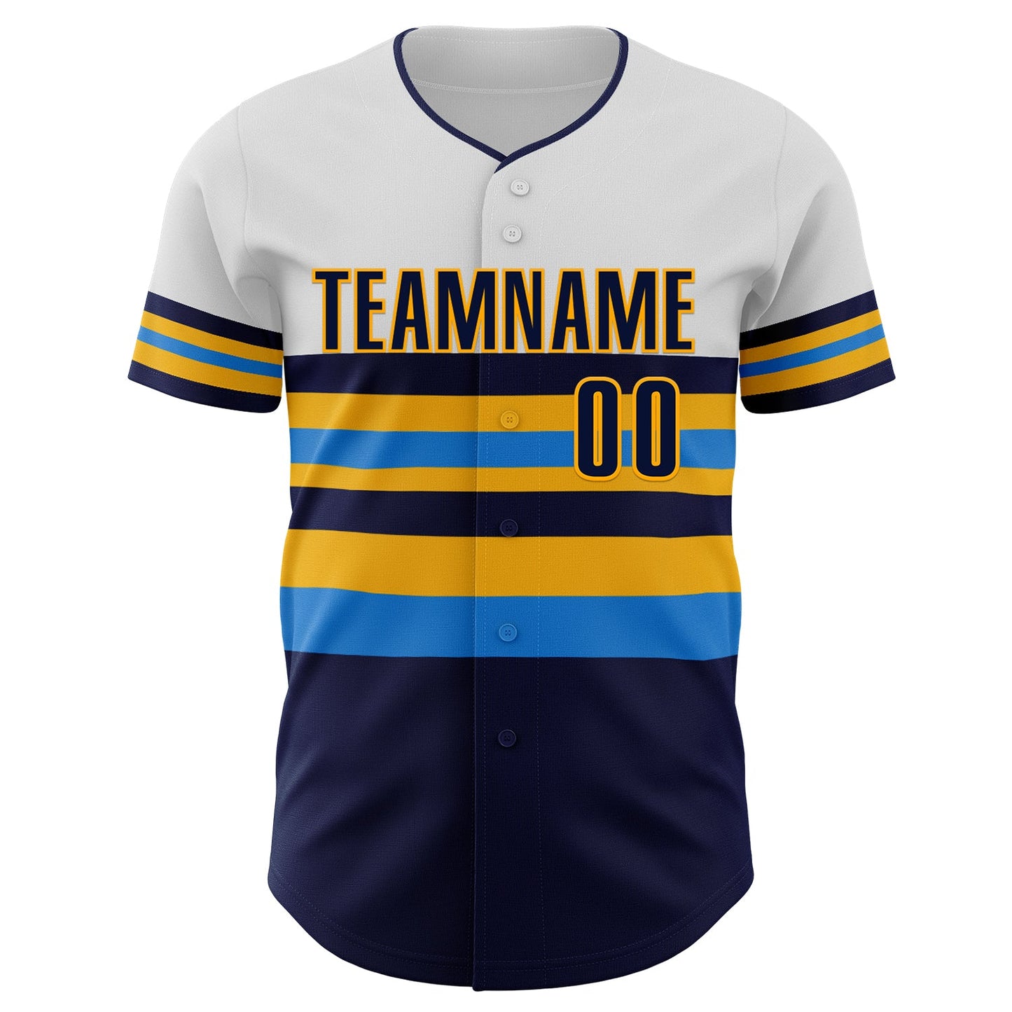 Custom White Navy Electric Blue-Gold Block Stripes Lines Tampa Bay Style Authentic Baseball Jersey view 3
