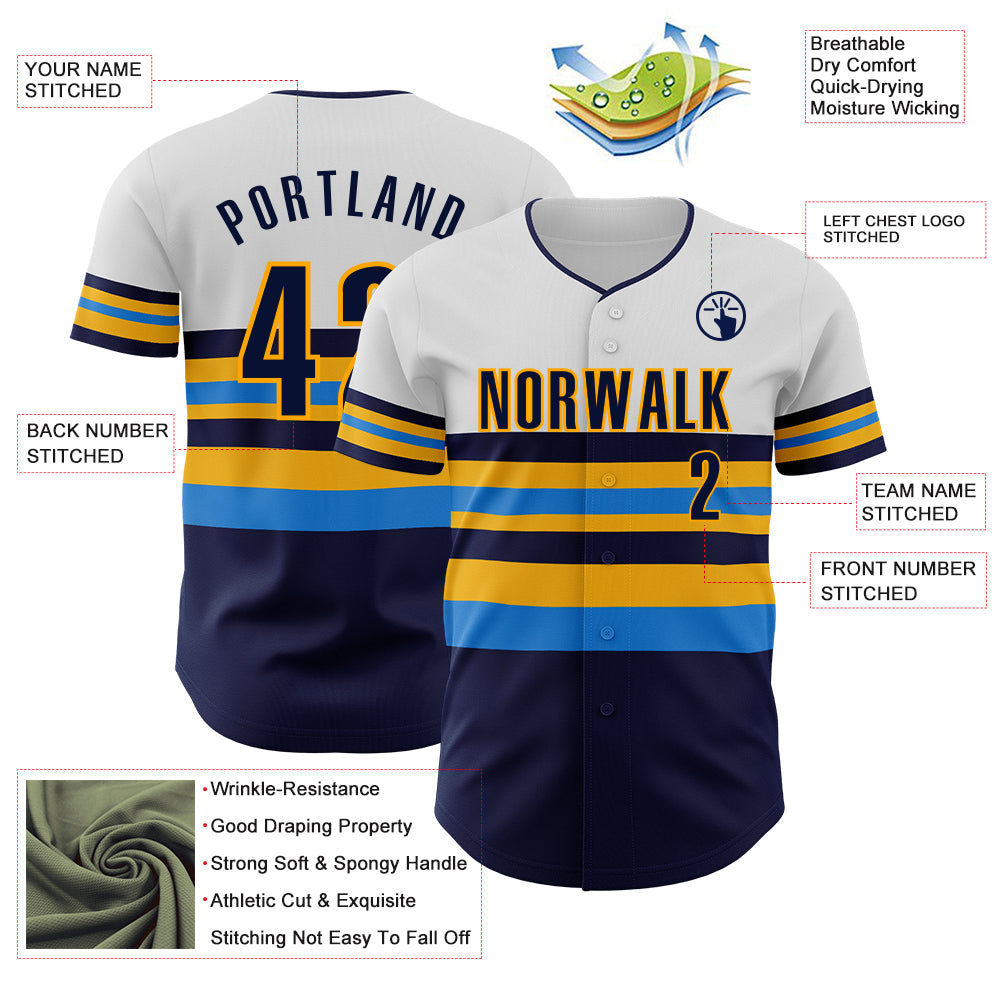 Custom White Navy Electric Blue-Gold Block Stripes Lines Tampa Bay Style Authentic Baseball Jersey view 4