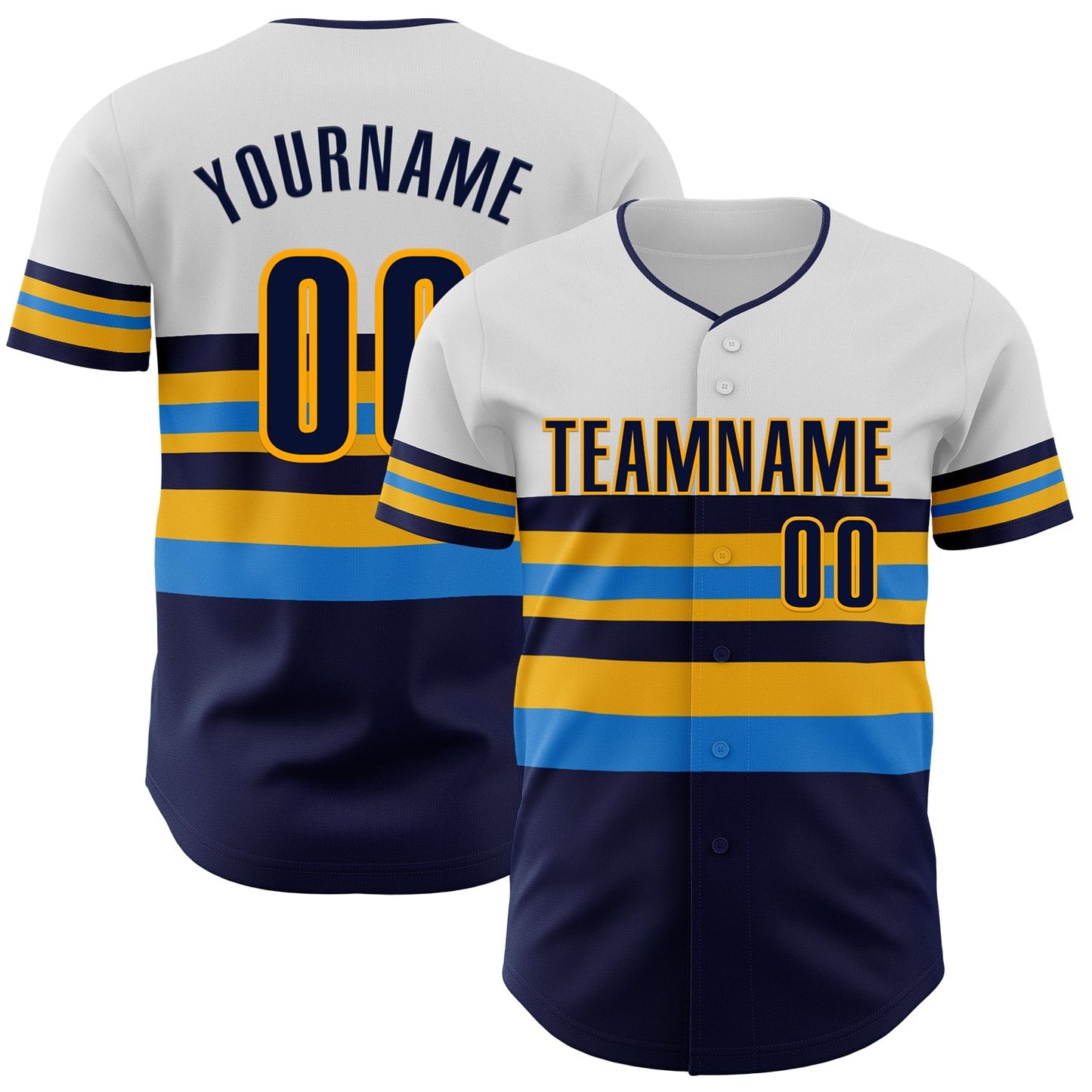 Custom White Navy Electric Blue-Gold Block Stripes Lines Tampa Bay Style Authentic Baseball Jersey - Main View