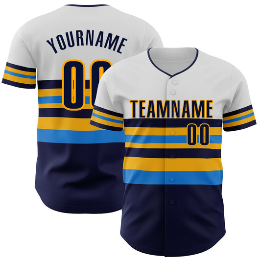 Custom White Navy Electric Blue-Gold Block Stripes Lines Tampa Bay Style Authentic Baseball Jersey - Main View
