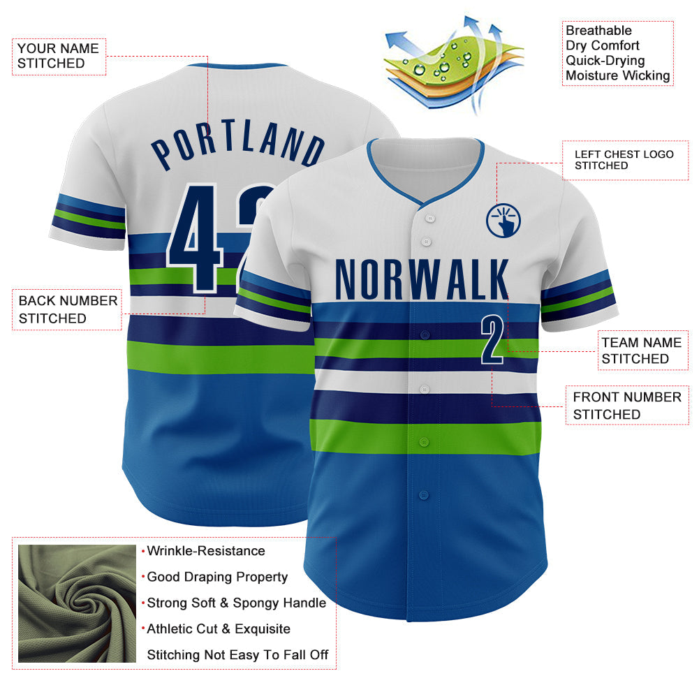Custom White US Navy Blue Blue-Aurora Green Block Stripes Lines Minnesota Style Authentic Baseball Jersey view 4
