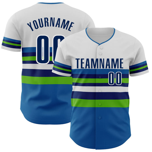 Custom White US Navy Blue Blue-Aurora Green Block Stripes Lines Minnesota Style Authentic Baseball Jersey - Main View