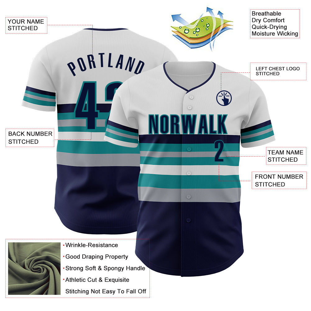 Custom White Navy Gray-Teal Block Stripes Lines Seattle Style Authentic Baseball Jersey view 4