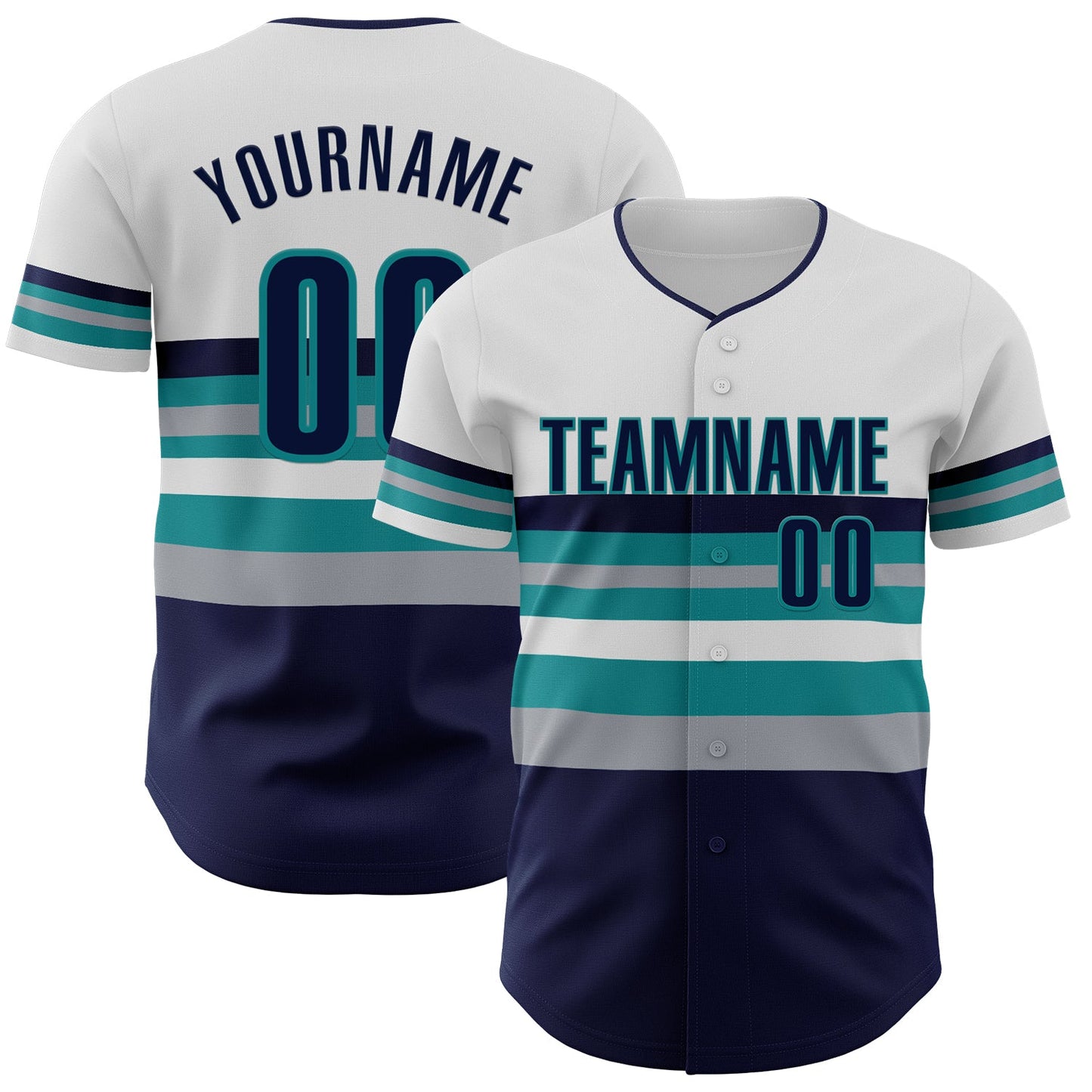 Custom White Navy Gray-Teal Block Stripes Lines Seattle Style Authentic Baseball Jersey - Main View