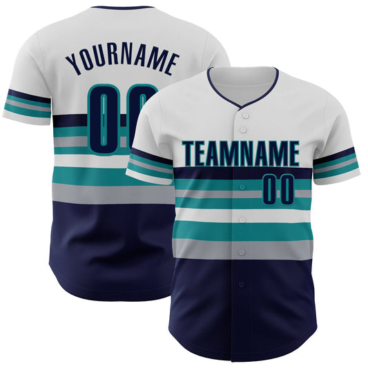 Custom White Navy Gray-Teal Block Stripes Lines Seattle Style Authentic Baseball Jersey - Main View