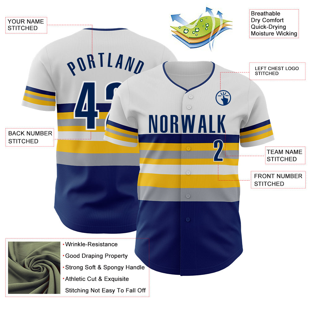 Custom White US Navy Blue Yellow-Gray Block Stripes Lines Indiana Style Authentic Baseball Jersey view 4