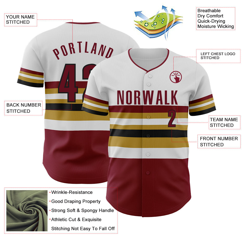 Custom White Crimson Old Gold-Black Block Stripes Lines Cleveland Style Authentic Baseball Jersey view 4