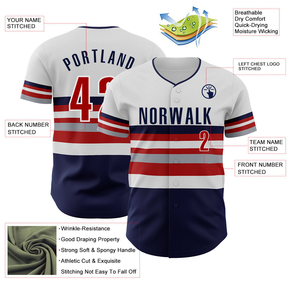 Custom White Red Navy-Gray Block Stripes Lines Minnesota Style Authentic Baseball Jersey view 4