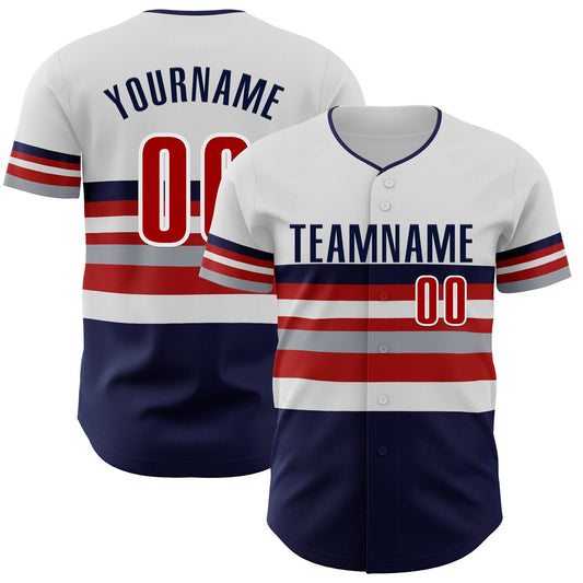 Custom White Red Navy-Gray Block Stripes Lines Minnesota Style Authentic Baseball Jersey - Main View