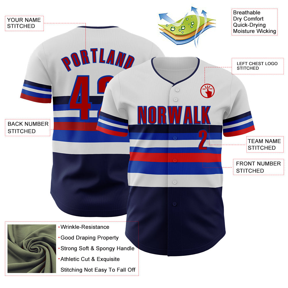 Custom White Red Navy-Thunder Blue Block Stripes Lines Toronto Style Authentic Baseball Jersey view 4