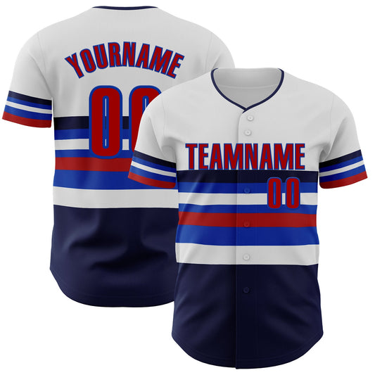 Custom White Red Navy-Thunder Blue Block Stripes Lines Toronto Style Authentic Baseball Jersey - Main View