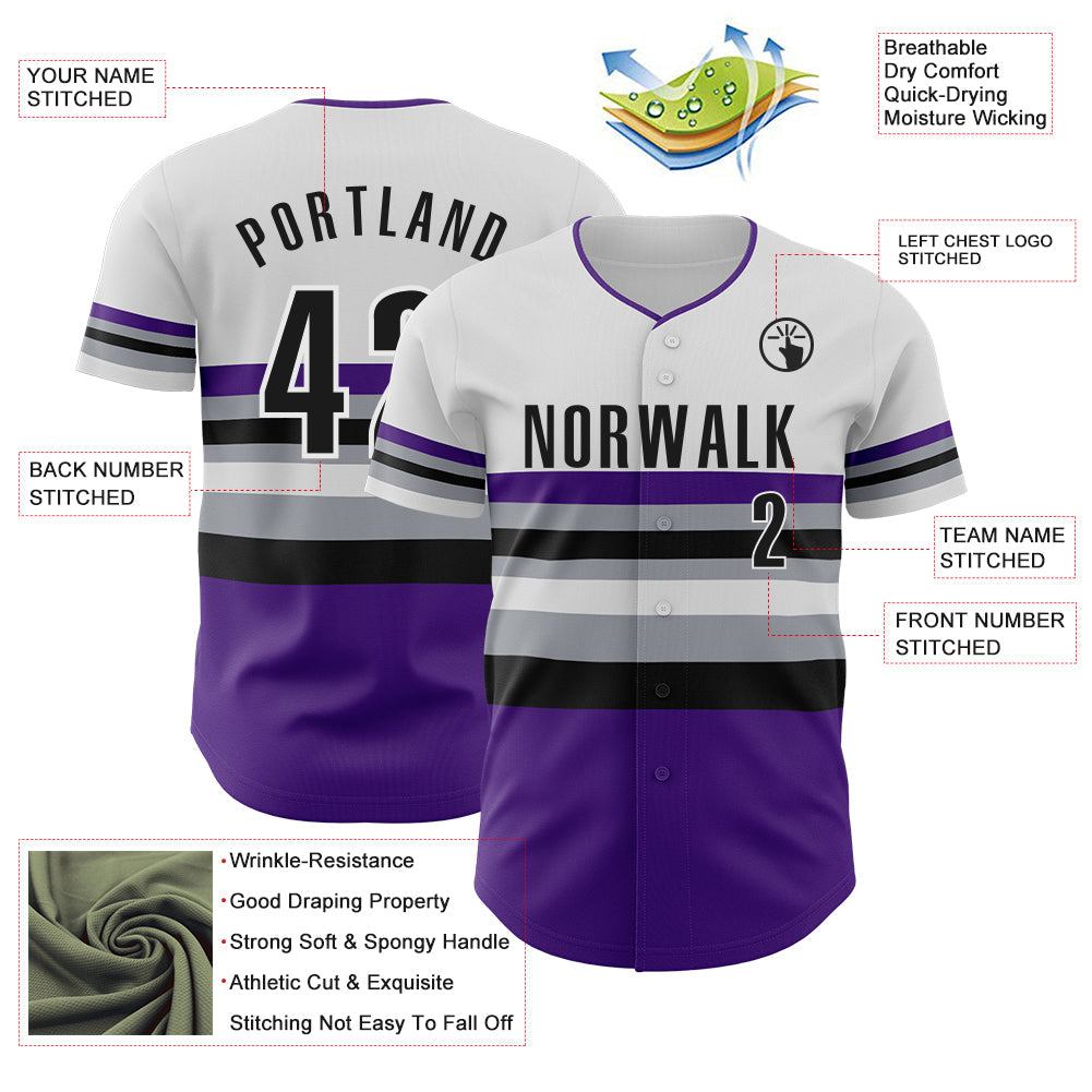 Custom White Black Purple Gray-Dark Purple Block Stripes Lines Colorado Style Authentic Baseball Jersey view 4