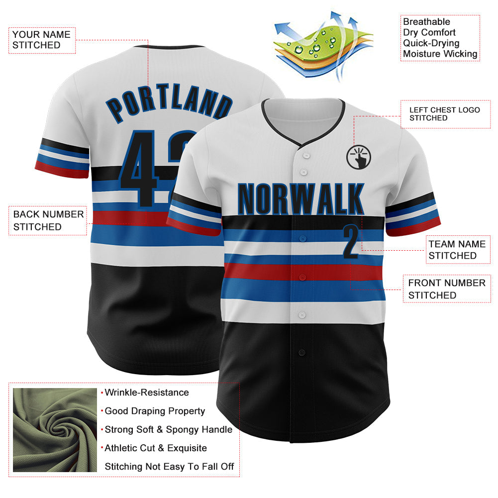 Custom White Black Red-Blue Block Stripes Lines Miami Style Authentic Baseball Jersey view 4
