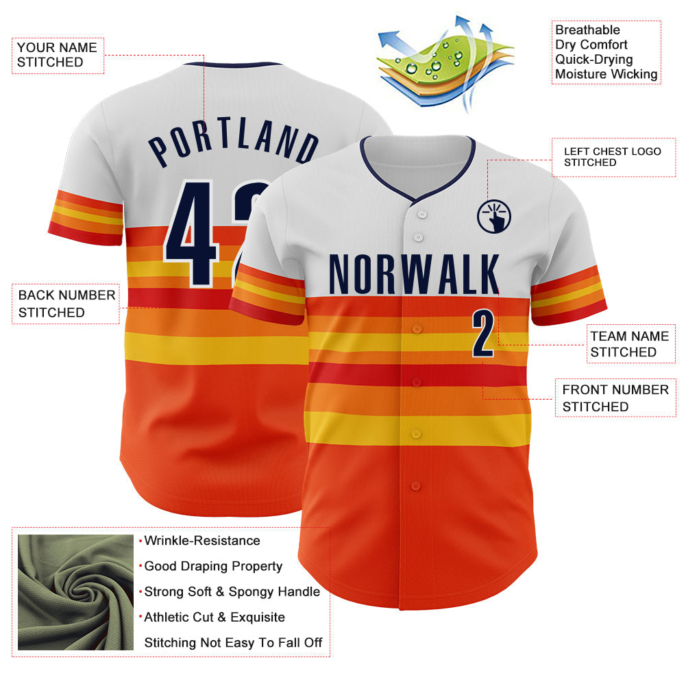 Custom White Navy Orange Gold-Red Block Stripes Lines Houston Style Authentic Baseball Jersey view 4
