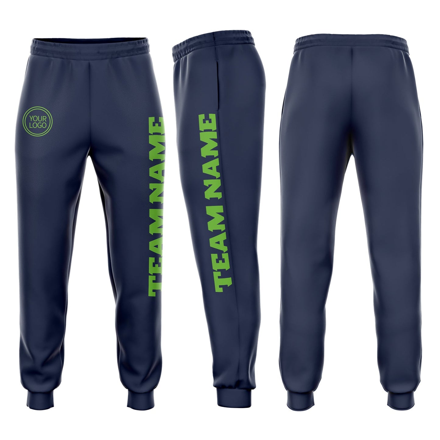 Custom Navy Neon Green Fleece Jogger Sweatpants - Main View