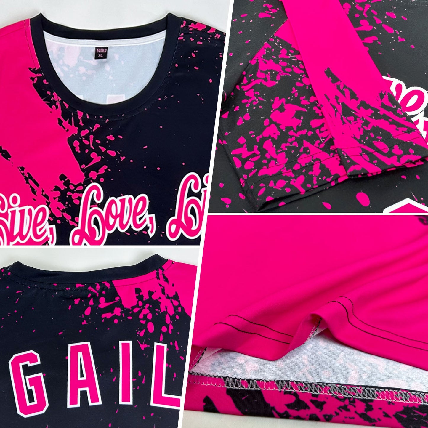 Custom Pink Black-White 3D Pattern Design Abstract Brush Stroke Performance T-Shirt view 2