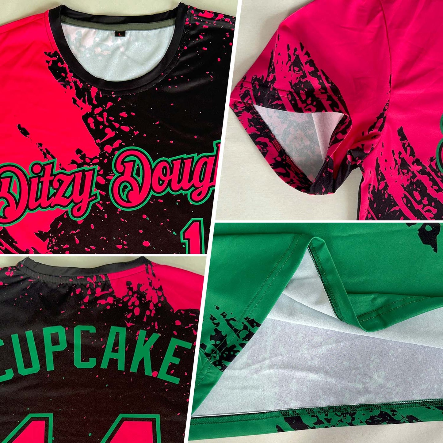 Custom Black Pink-Grass Green 3D Pattern Design Abstract Brush Stroke Performance T-Shirt view 2