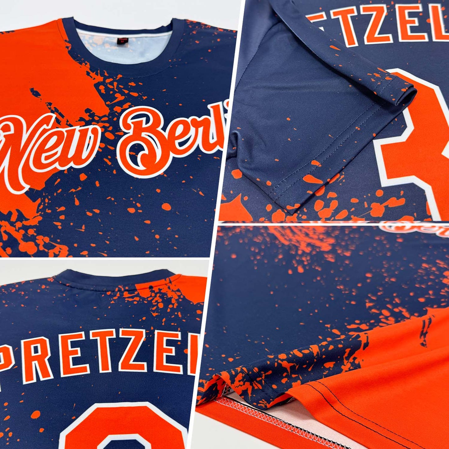 Custom Orange Navy-White 3D Pattern Design Abstract Brush Stroke Performance T-Shirt view 2