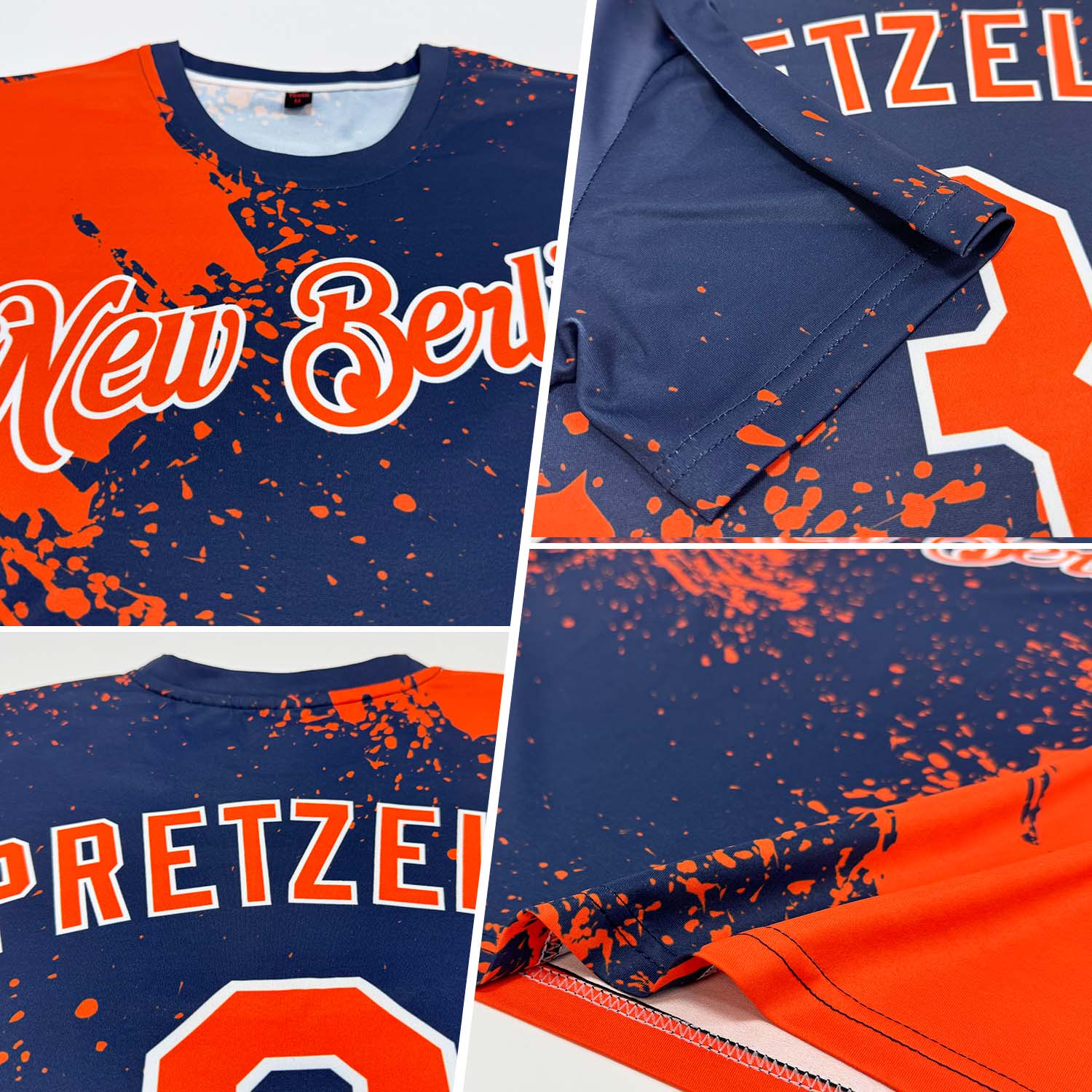 Custom Orange Navy-White 3D Pattern Design Abstract Brush Stroke Performance T-Shirt view 2